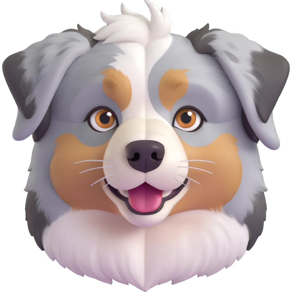 Australian Shepherd dog face, cute expression, heterochromatic eyes, fluffy merle fur, sweet and friendly emoji