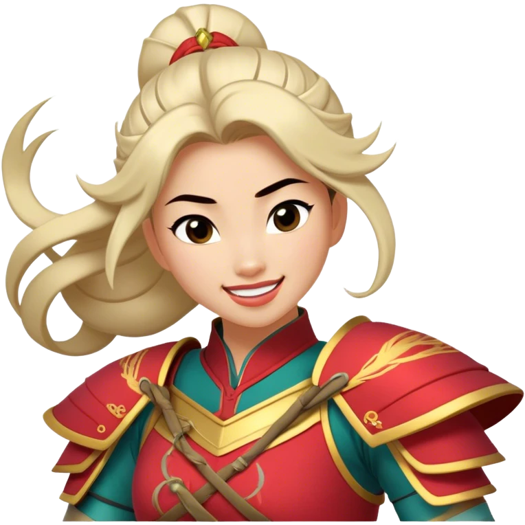 Cinematic Playful Mulan Portrait Emoji, Mid-laugh with a strand of hair falling over her face, adjusting her armor, eyes full of adventure, exuding an irresistible mix of beauty and fun, the perfect blend of warrior and princess! emoji