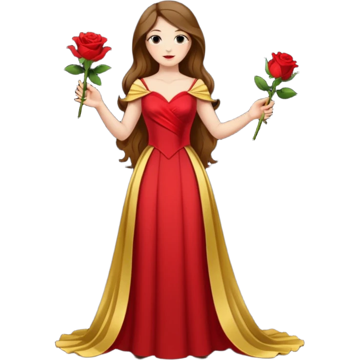 woman opera singer singing with long brown hair and golden dress, entire body, withou microfone, with a rose in right hand emoji