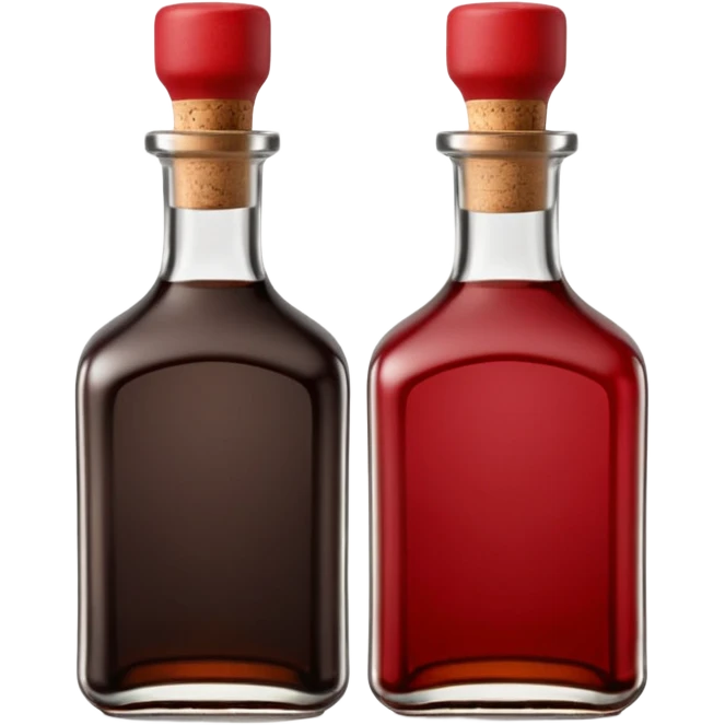 balsamic vinegar bottle, elegant glass, dark brown to ruby, round or square base, slender neck, cork or metallic cap, dark glass, reflections, 3D clean style, transparent background, optimized for emoji size emoji