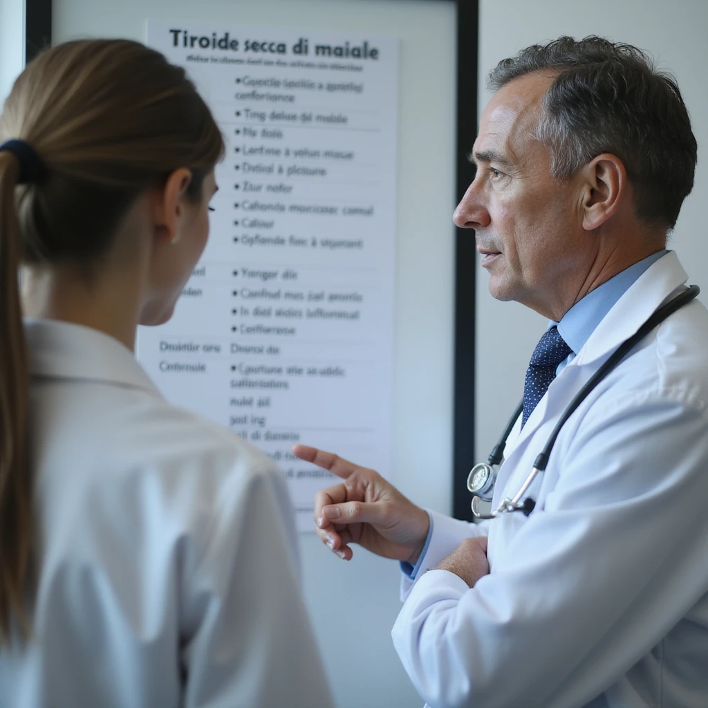hyperrealistic 4K image of a woman discussing with a doctor, pointing at the text 'Tiroide secca di maiale' on a medication list, clinical environment, serious expressions emoji