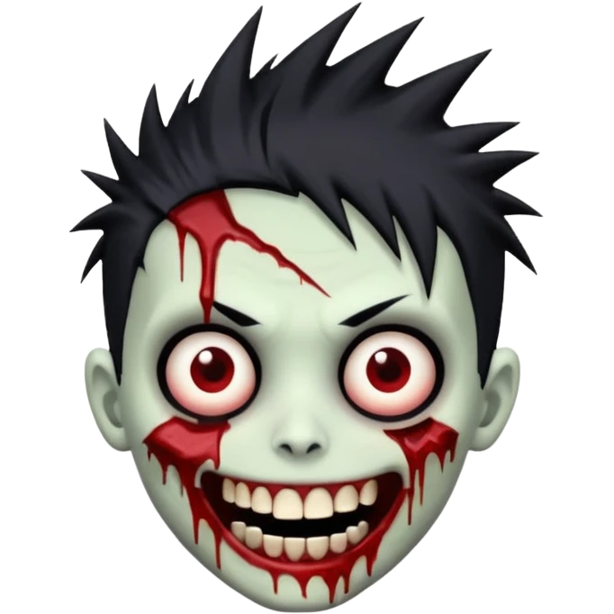 zombie boy with emo spiky hair, white skin, and white eyes; an open smile, and bloodied teeth; emoji
