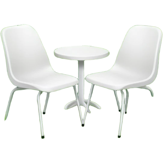 2 white plastic chairs amongst plants in jungle emoji