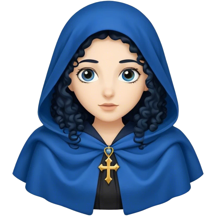 Mujer hebrea con manto azul y pelo largo negro rizado y con la cabeza tapada con un velo y la cara de raza blanca emoji