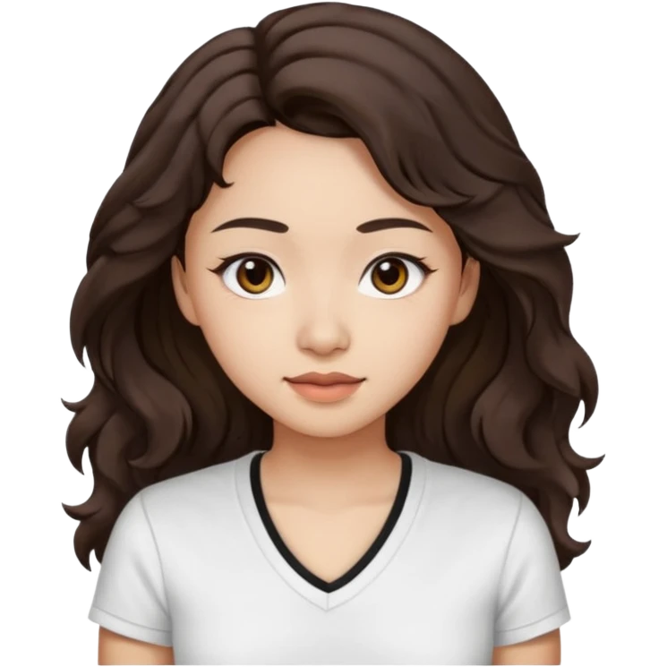 iOS style emoji. A girl with very long dark brown wavy hair. And the eyes color is dark brown. And she is wearing white t shirt with V kneck. And she is 30. She is Asian with double eyelids  emoji