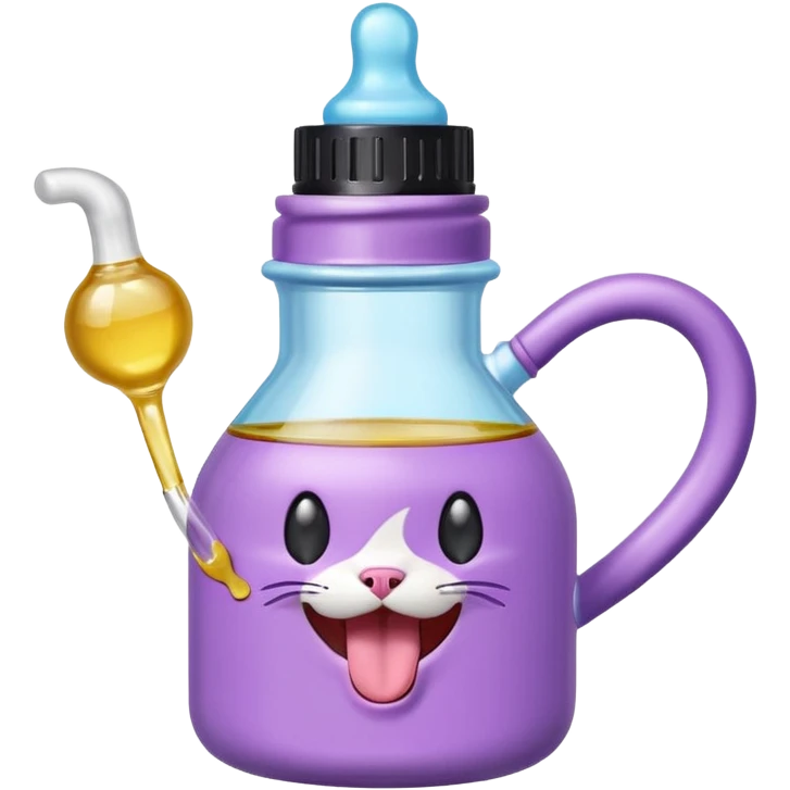 Smiling bottle of oil light purple top and light blue sticking tongue out and with cat ears emoji