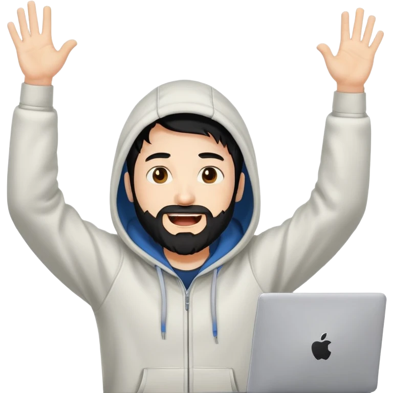 male coder with black hair, beard, and white skin, wearing a hoodie, excitedly raising arms in celebration after solving a coding problem, computer in front of him emoji