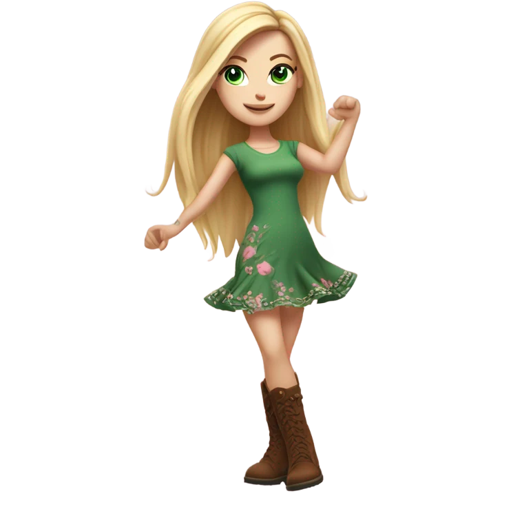 Realistic White girl with Long straight blonde hair, green eyes, tattoos, full body wearing pink dress and Brown knee-high boots, dancing emoji