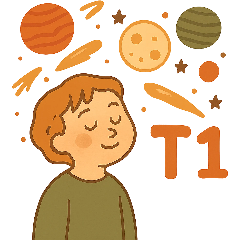 Make the T1 text much larger, keep the space theme, and make the background transparent. emoji