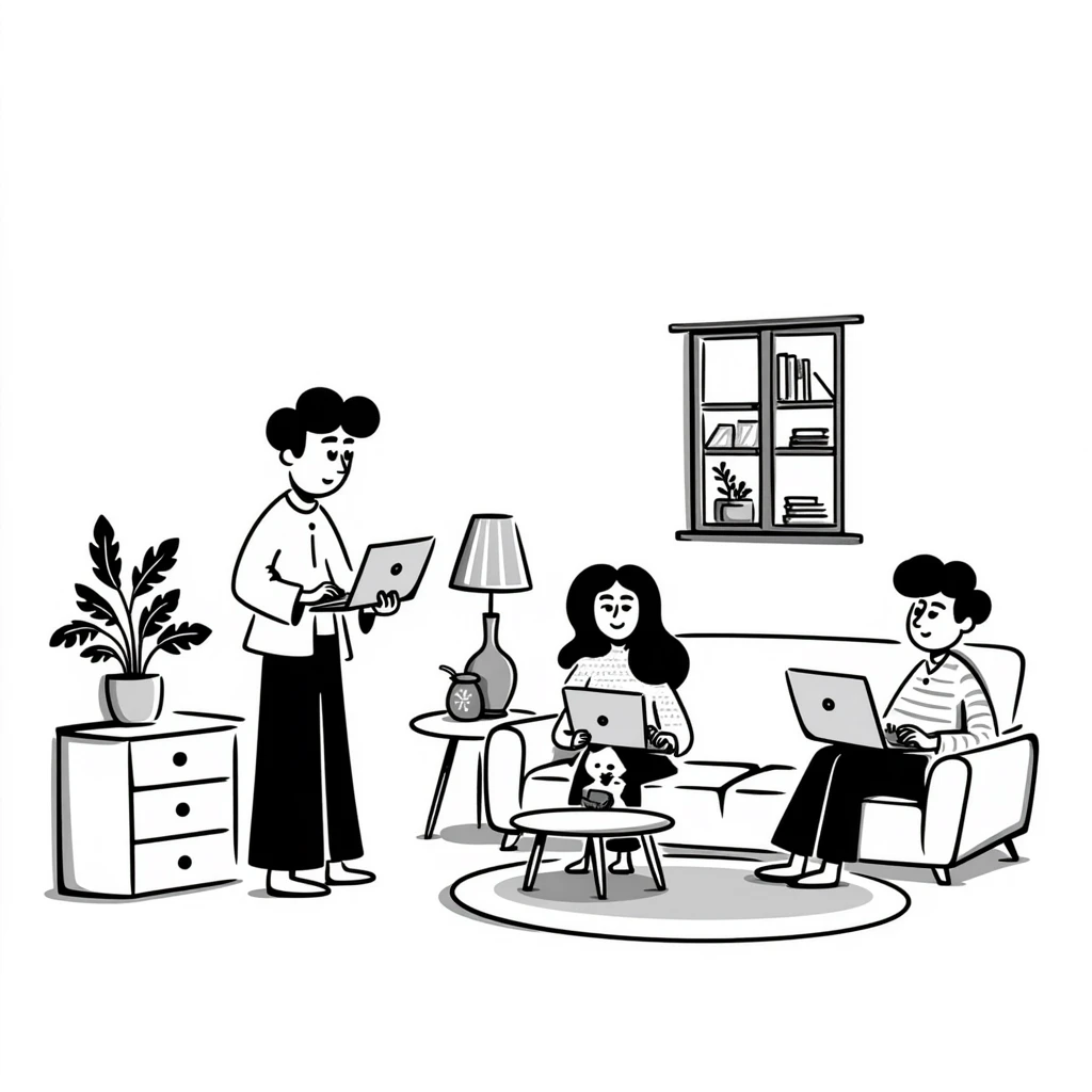 escenary 3d of a cozy mid-century living room with two people working on laptops, one man standing at a desk, and one woman sitting on a couch emoji