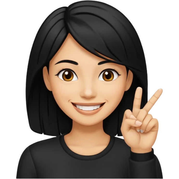 Haz una imagen de una mujer con cabello negro con cabello en capas , con una sonrisa en su cara y la punta de su dedo indice entre sus dientes emoji