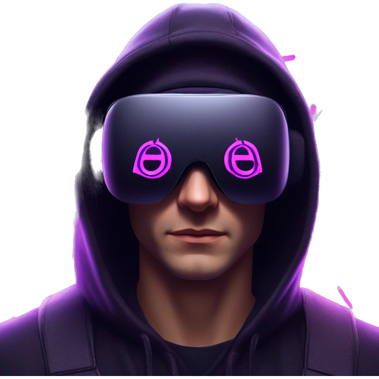 Russian man wearing a black hoodie with "OMG" letters on it and VR headset in a cyberpunk VR environment with violet neon lighting. emoji