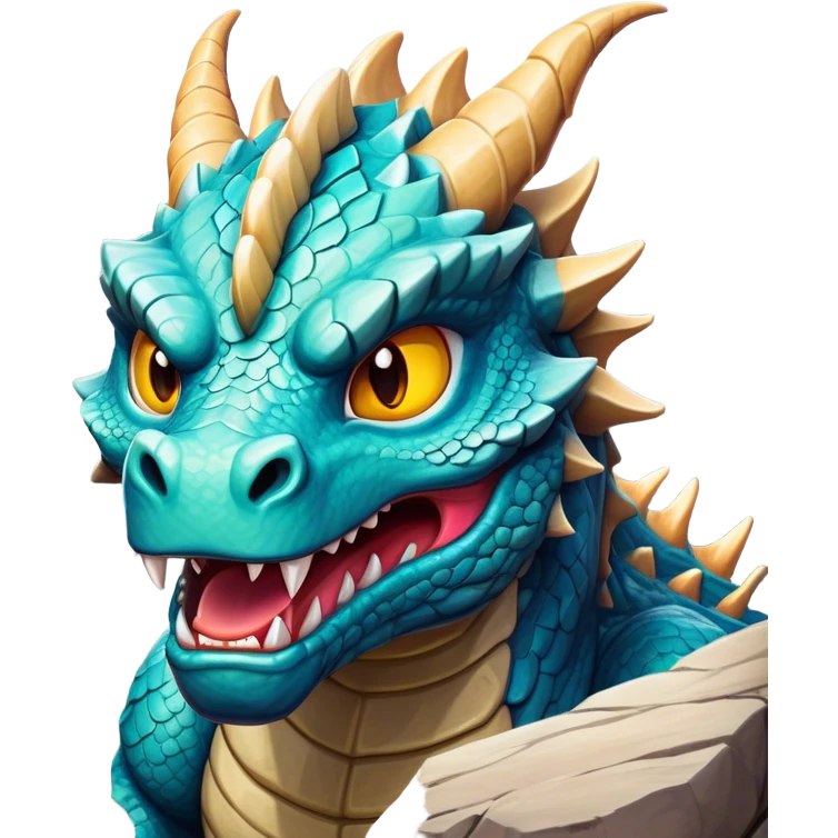 Cinematic Comical Giant Rock Dragon Portrait Emoji, Head tilted dramatically with an exaggeratedly amused expression, featuring a striking, chiseled body with bold stone textures and wide, expressive eyes brimming with playful geologic mischief; rendered with vivid, lifelike detail and dynamic, natural shadows, high shine, dramatic yet humorous, styled with an air of cheeky ancient solidity, soft glowing outline, capturing the essence of a spirited and over‐the‐top stone giant that looks ready to rumble with timeless mirth! emoji
