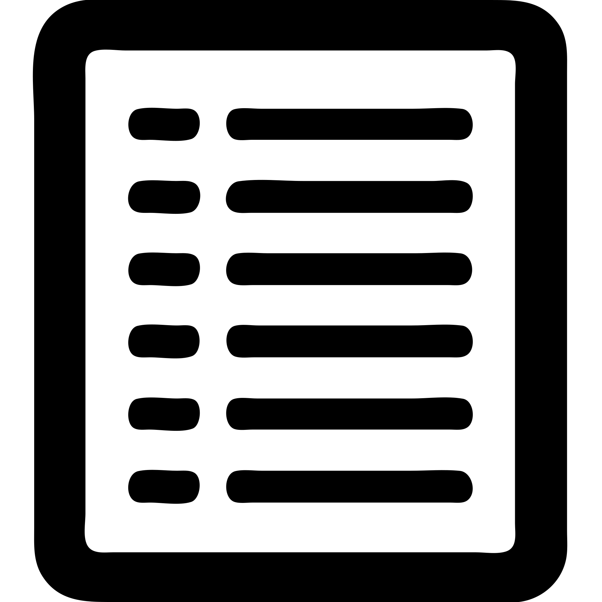 minimal solid white icon of a bold rectangle with seven dashes each at the start of a short horizontal line arranged vertically as a list, very geometric, Netflix UI style, black background, no text emoji