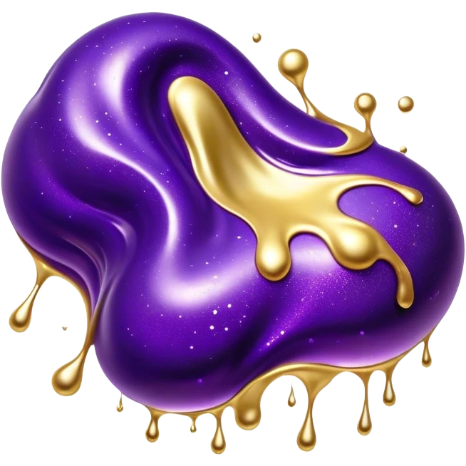 Cinematic Realistic Shiny Slime Mixed with Glitter, thick and glossy with swirling metallic flecks suspended inside, a dynamic mix of deep purple and golden sparkles, light catching every shimmer, flowing smoothly with realistic folds and ripples, glowing with an enchanting, almost liquid-metal effect. emoji