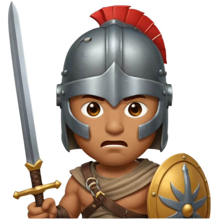 Emoji portrait of an entertainment slave (gladiator). He has an angry expression and wears a helmet, holding a short sword. emoji