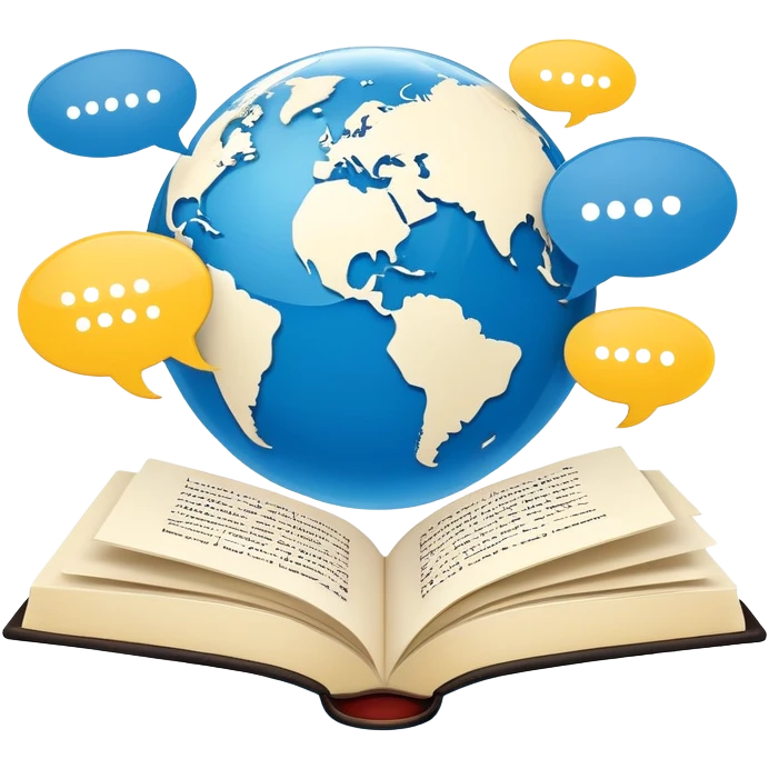 An icon showing a globe surrounded by speech bubbles with greetings in different languages, like 'Hello,' 'Hola,' and 'Bonjour.' The design includes an open book and a quill, symbolizing learning and communication. Transparent background emphasizes global connection through language. emoji