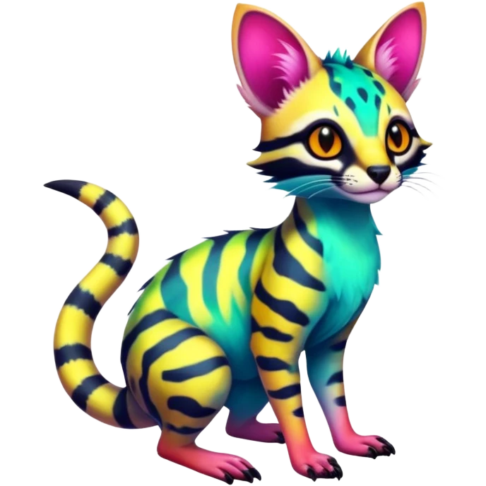 Exotic randomly colored colorful light cute lush neon-colored brightly colored Fakémon-Fionbri-Vernid-Genet-creature with markings (full body) emoji
