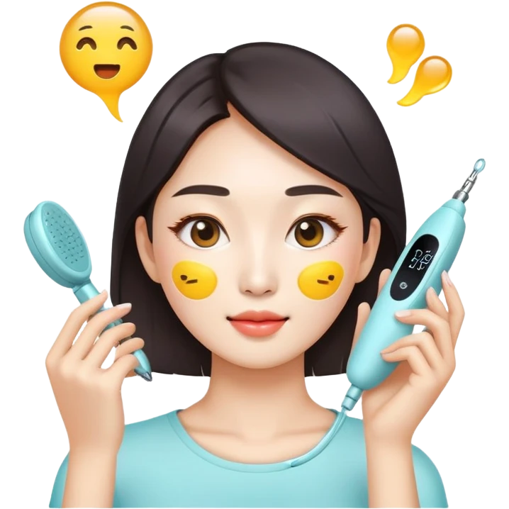 bright and healthy Korean woman pressing beauty device on face, emoji style emoji