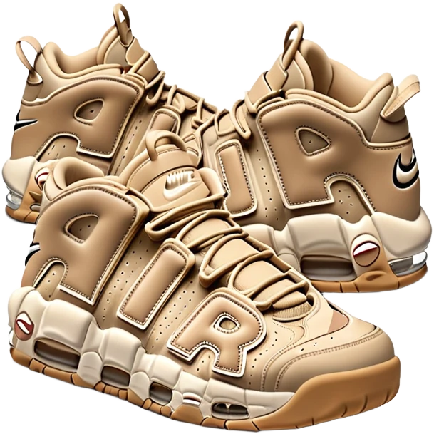 Simple clean pair of beige Nike Air More Uptempo sneakers arranged as a matching pair, minimal detailing but with distinct AIR lettering emoji