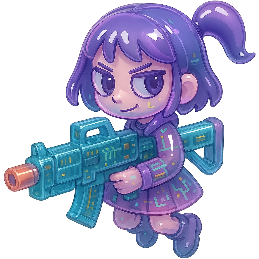 quirky stalker girl with an oversized machine gun, futuristic vibes emoji