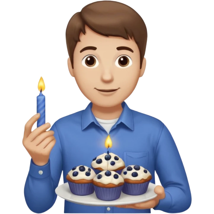 Make a white man with brown hair wearing a shirt that says happy b day Virginia holding a blueberry muffin with a birthday candle in it. Have him holding multiple muffins and no candles in hand emoji