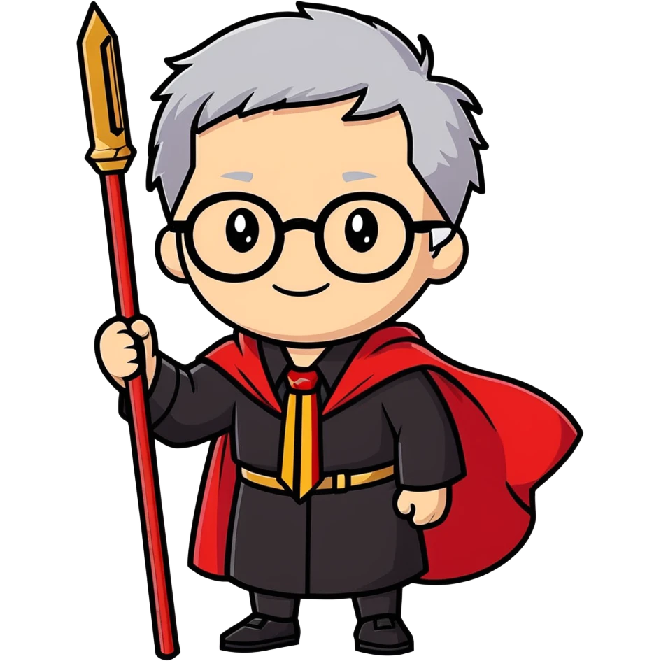 You smiling wearing black robe with scarlet red cape and scarlet red vest underneath with gold trim on top on scarlet red and gold striped tie and white collared shirt and black glasses with short grey hair and holding brown wood wand emoji