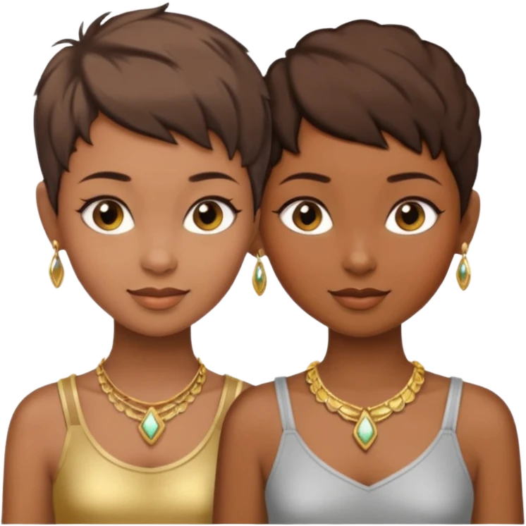 One black girl and one light brown girl and brown colored besties with brown hair pixie cuts wearing jewelry  both brown hair  emoji