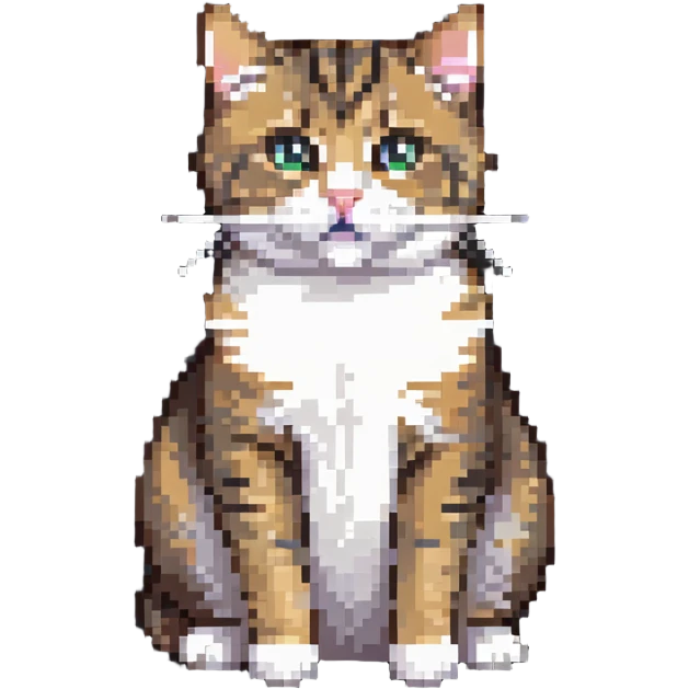 Cute tabby cat with white stomach, pixelated style, sitting to show white belly emoji