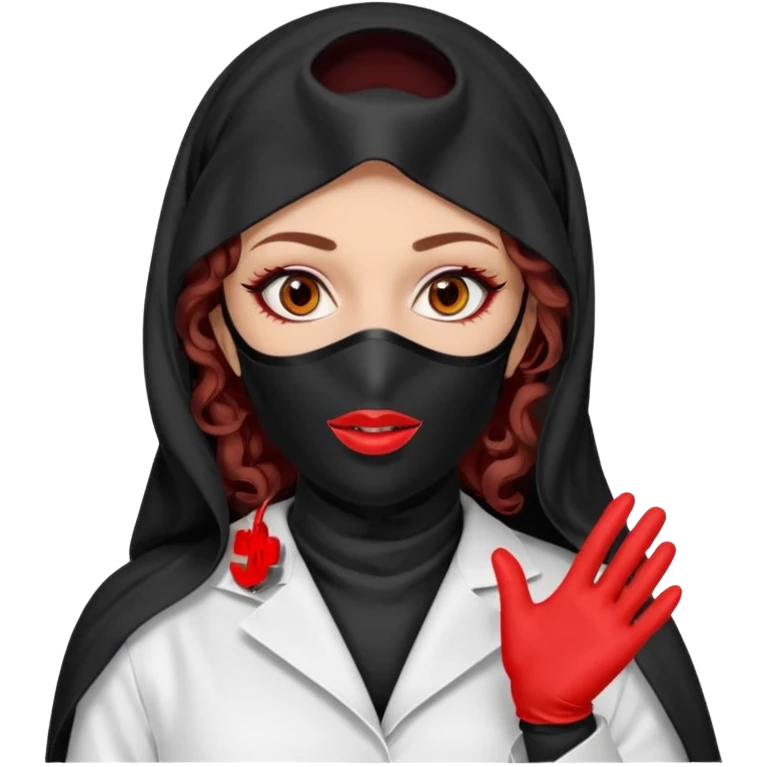 


Scary woman scalpel in hand, evil surgeon sexy surgeon clothes.  She has redcolored  eyes. Her  hair only is free ne brown long curly hair. Wears sexy doctor outfit with red gloves. make her wear full Muslim burka to mask and nose mouth mask  to hide. Wears white surgeon coat, wears  stilettos emoji