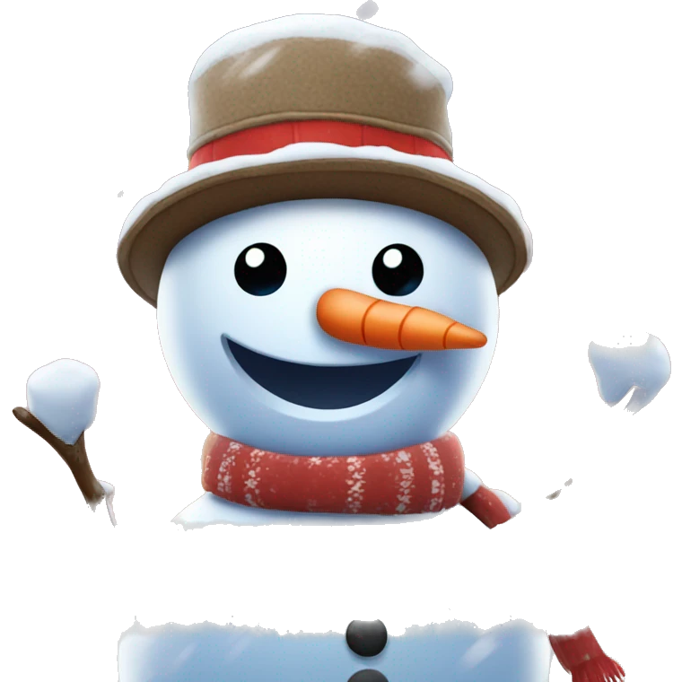 Snowman with a background of snowfall and hut with a warm Christmas vibe to it  emoji