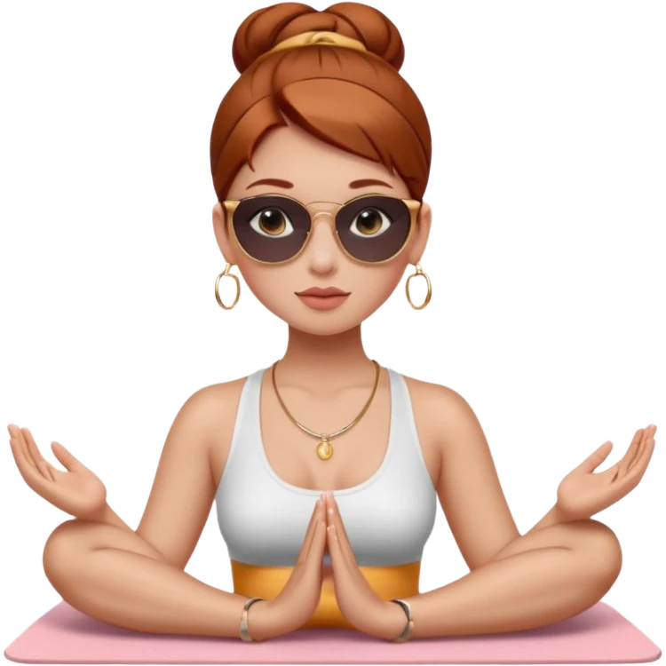 Clean girl influencer character, chest-up portrait.Sleek tight bun hair color (auburn .Natural glossy makeup, soft blush, shiny lips.chest up portrait , small gold hoop earrings, delicate gold necklace.Black sunglasses on head.Rolled yoga mat hanging over her shoulder. emoji