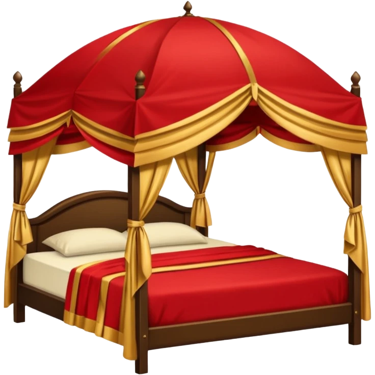 bed with red and gold sheets, wooden, canopy, simple, dark, no-tent emoji