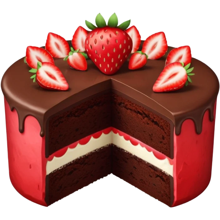round chocolate cake with a cut revealing the inside topped with one whole strawberry emoji
