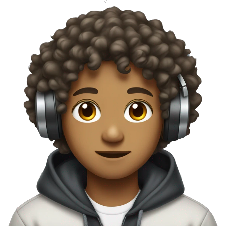 A 16 year old mixed boy with curly hair, a hoody and headphones on emoji