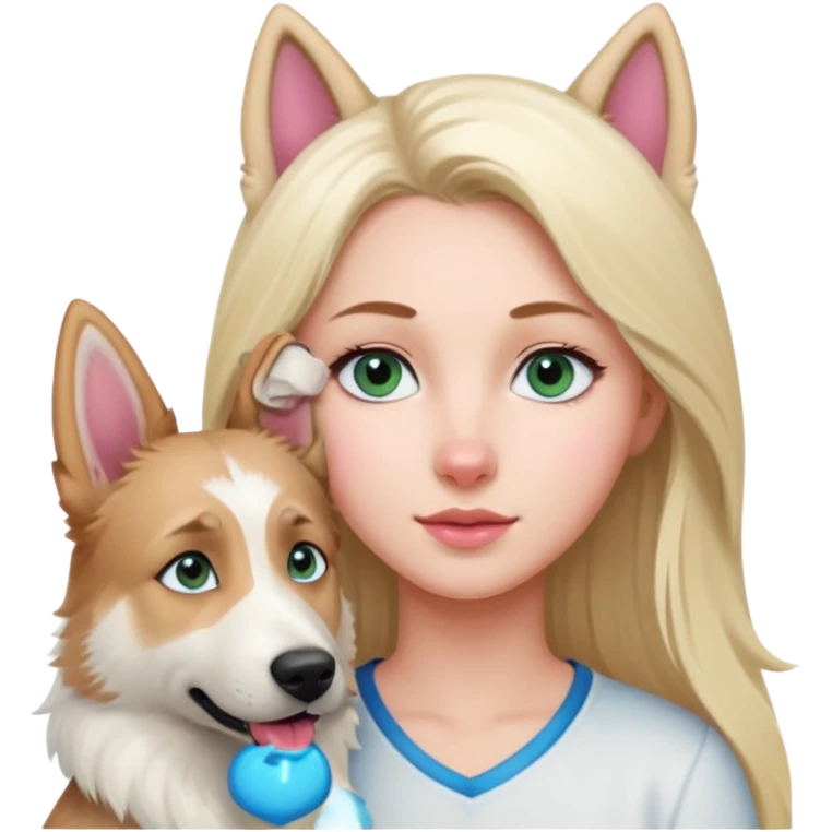 White European young woman with blue-green eyes and long blond hair with her white German Shepherd dog,the Dog hast a pink nose and short fur  and Brown eyes emoji