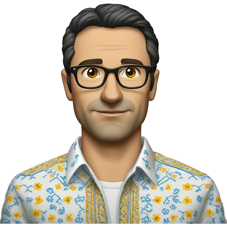 European dark-haired man in a Ukrainian embroidered shirt, glasses, no mustache emoji