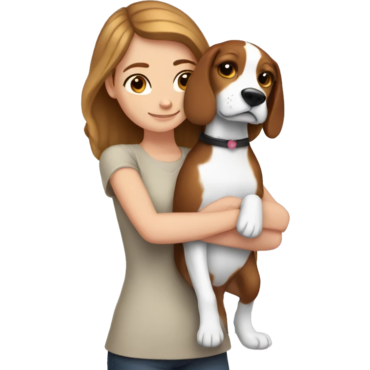 White girl with brown hair hugs beagle emoji