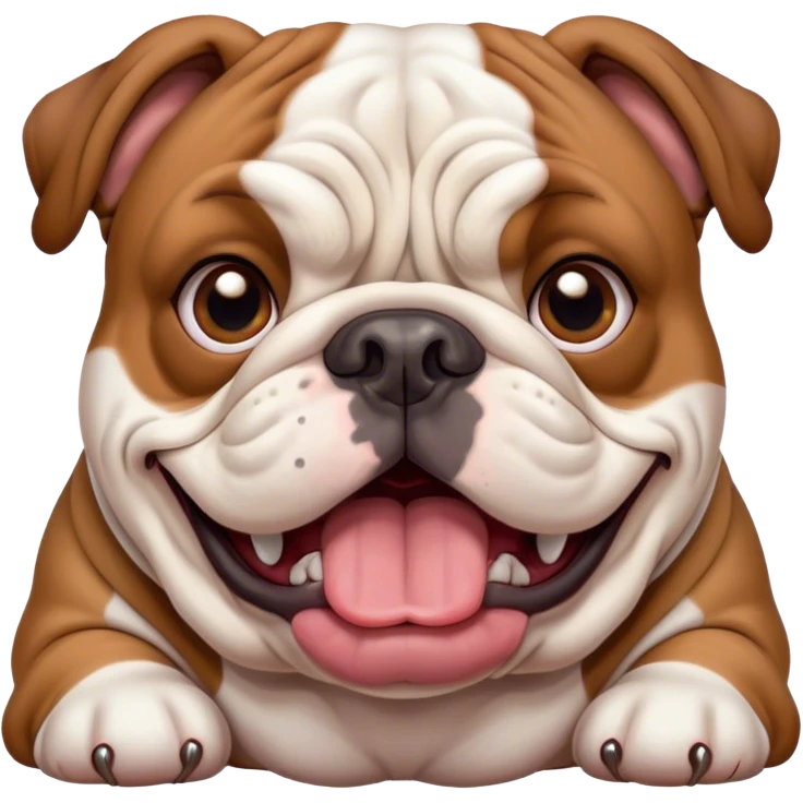 Cinematic Comical Brown and White English Bulldog Portrait Emoji, Head tilted dramatically with an exaggeratedly amused expression, featuring a striking brown and white coat with a bold pattern, wide, expressive brown eyes filled with playful disbelief, Simplified yet hilariously expressive features, highly detailed, glowing with a slightly sassy glow, high shine, dramatic yet playful, stylized with an air of cheeky defiance, bright and endearing, soft glowing outline, capturing the essence of a spirited and over-the-top guardian, so meme-worthy it feels like it could side-eye its way into internet fame instantly! emoji