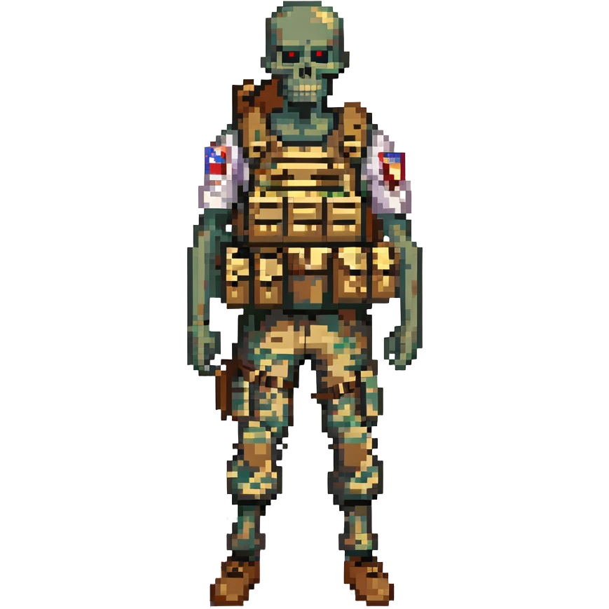 A zombie undead soldier, he has a bdu camouflaged uniform with a tan plate carrier, undead, leaned over posture, zombie, partially skeleton emoji