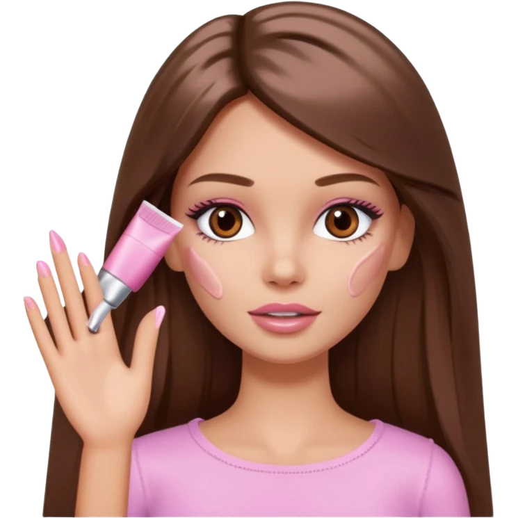 Barbie girl a brown long Straight hair and brown eyes is In pale pink smears by hand cosmetic cream on her face emoji