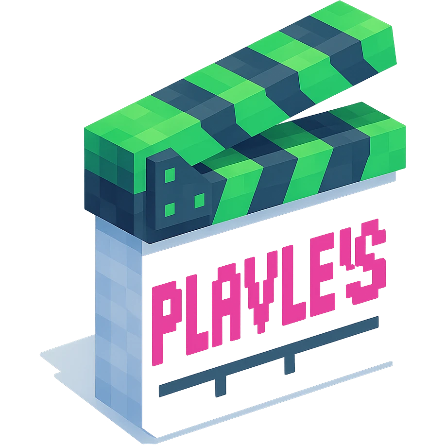 voxel style movie clapperboard with the text 'PLAVLEYS', neon green lid, white body, isometric view emoji