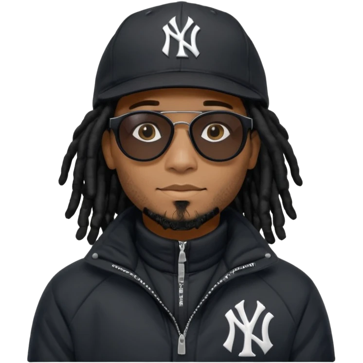 African American man with shoulder length black dreadlocks and black sunglasses wearing a black New York Yankees baseball hat with a North Face bubble winter coat emoji