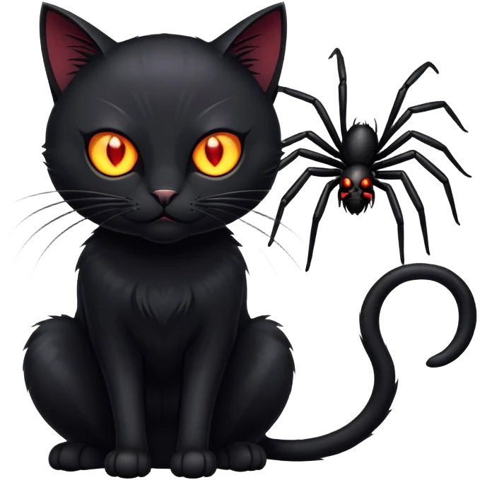 A sleek black cat with glowing eyes, poised to strike a hairy spider emoji