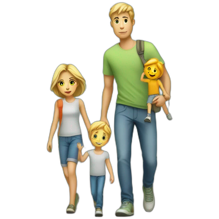 Young white Familie with boy skinny casual walking emoji