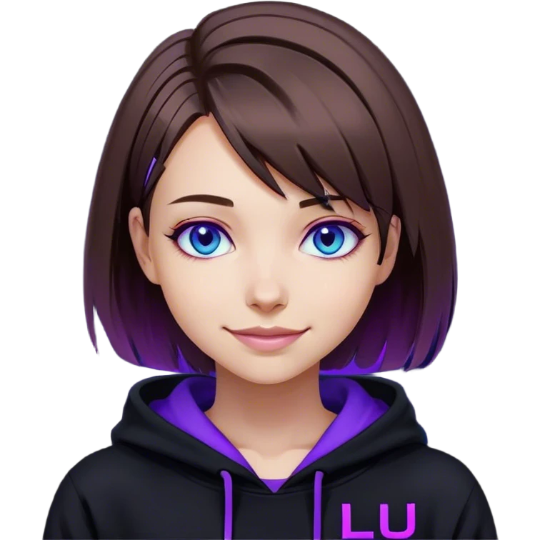 brown haired girl with a bob blue eyes wearing black hoody with violet letters "Lu", smile. Cyberpunk style. Violet neon. emoji