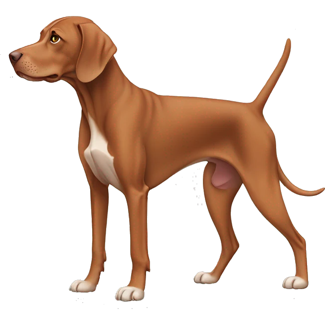 Vizsla dog. Standing. Side view. Looking forward. Older age with white paws and a white face emoji