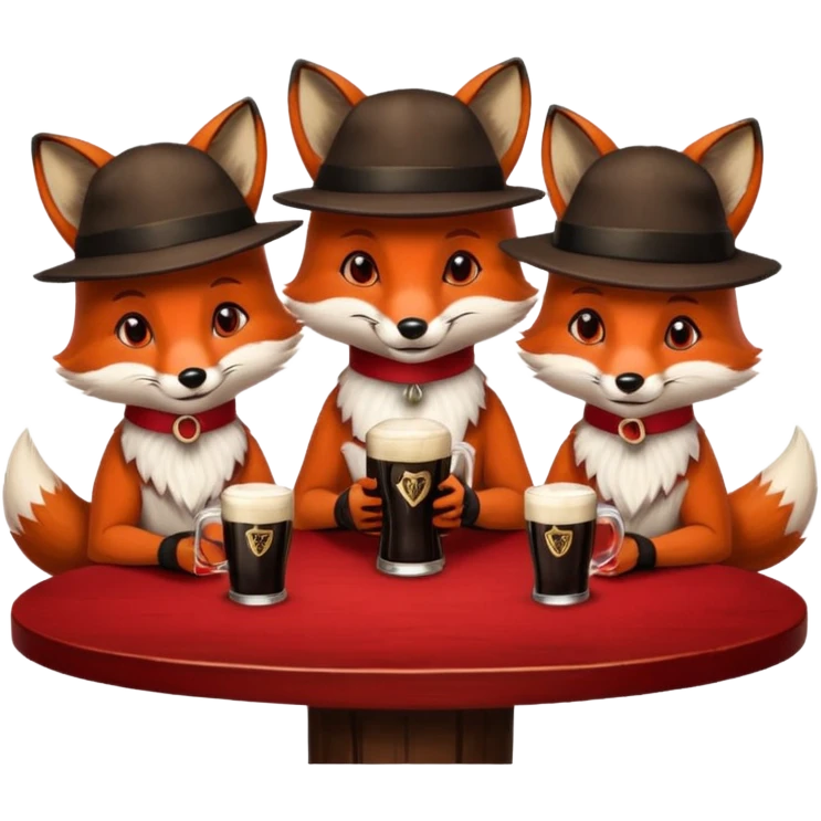 Three foxes sitting at a round table drinking Guinness emoji