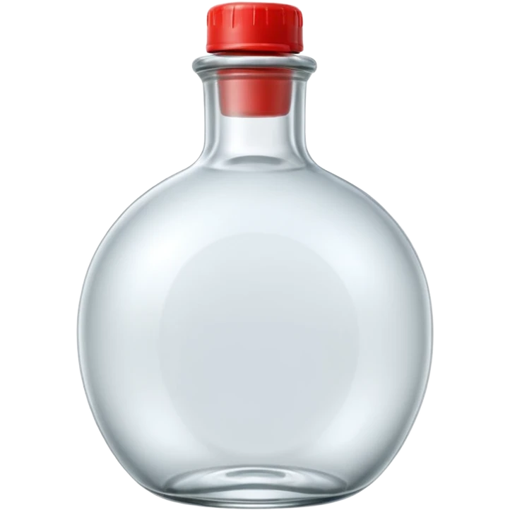 A 3D Apple-style clear glass bottle emoji, completely empty, smooth and shiny transparent surface, simple round body with a short neck and small cap, light reflections on the glass, clean minimal background. emoji
