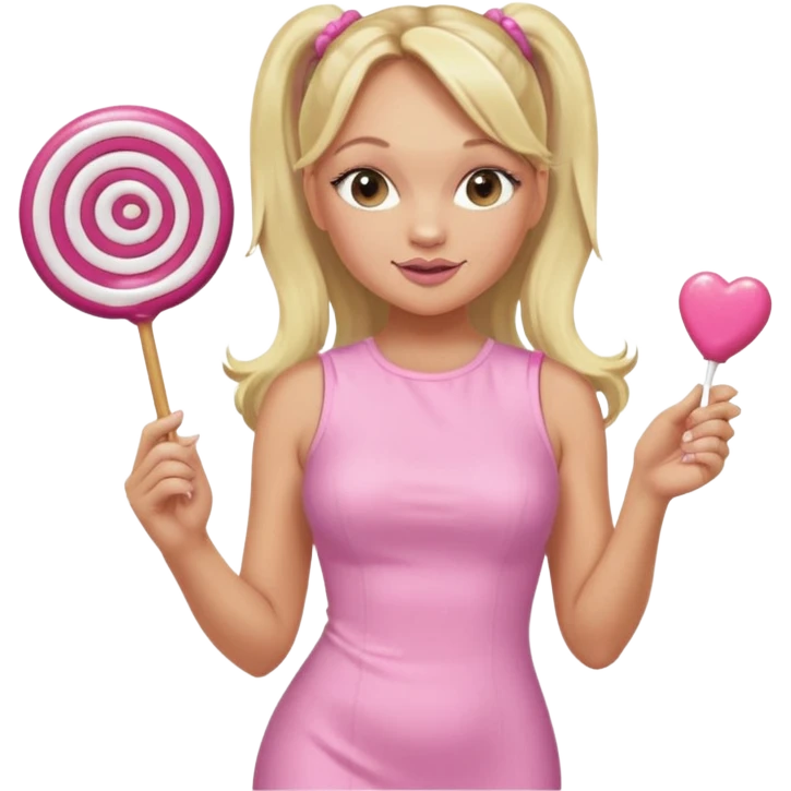Emma Bunton with long blonde ponytails wearing light pink bodycon dress holding a lollipop emoji